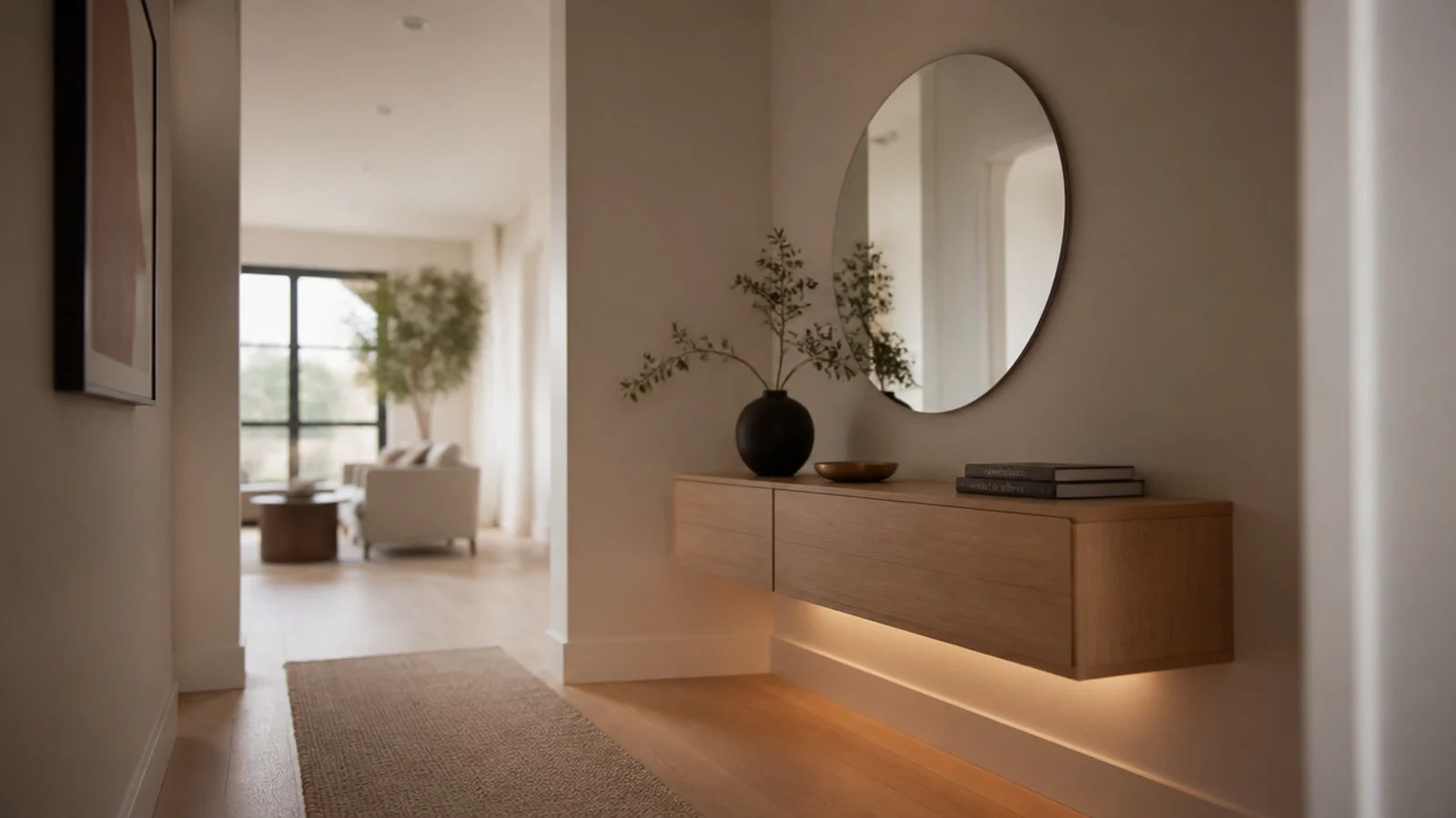 modern foyer ideas with a floating oak console and slim brass mirror