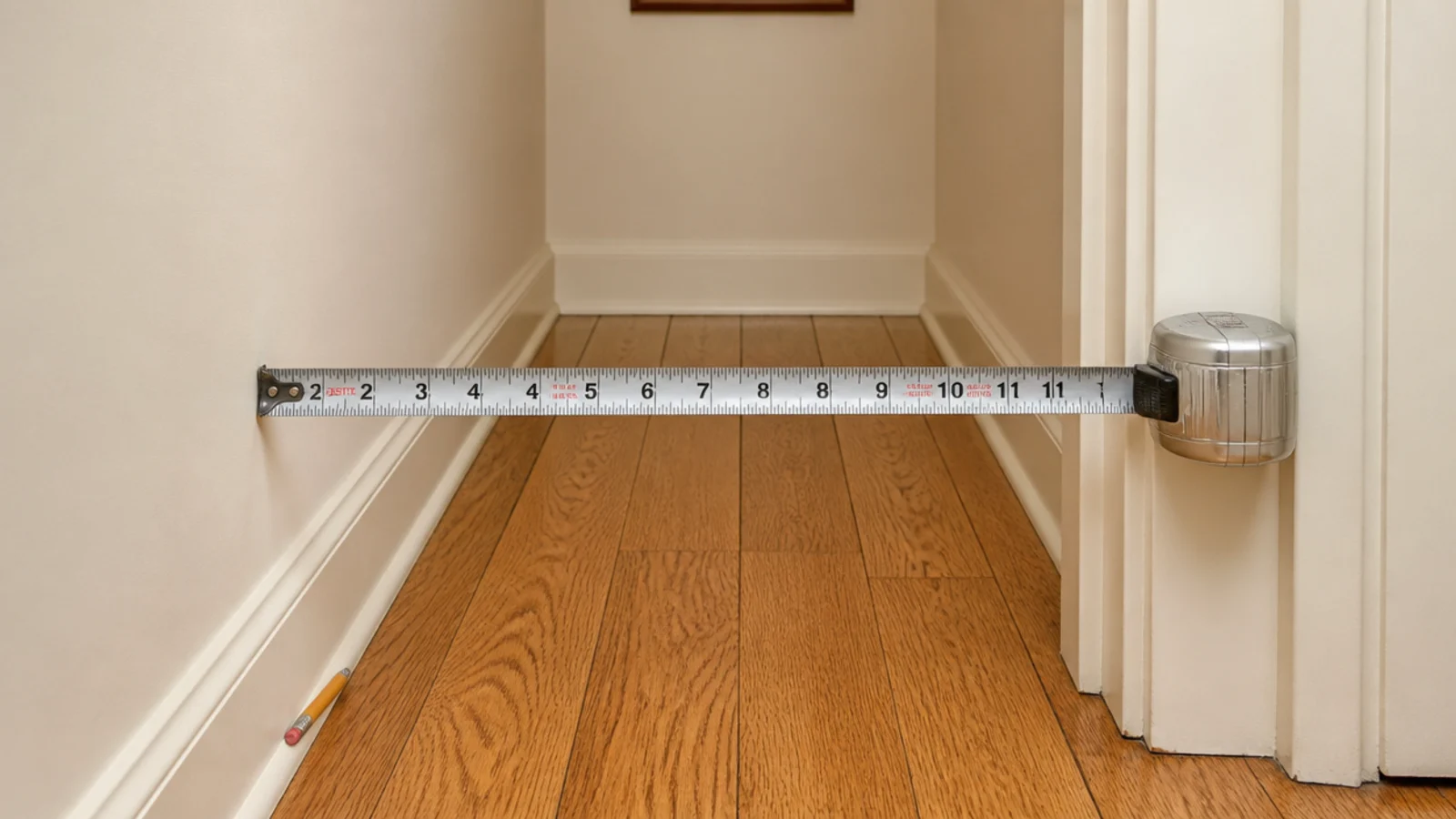 tape measure showing the pinch point width of a narrow hallway