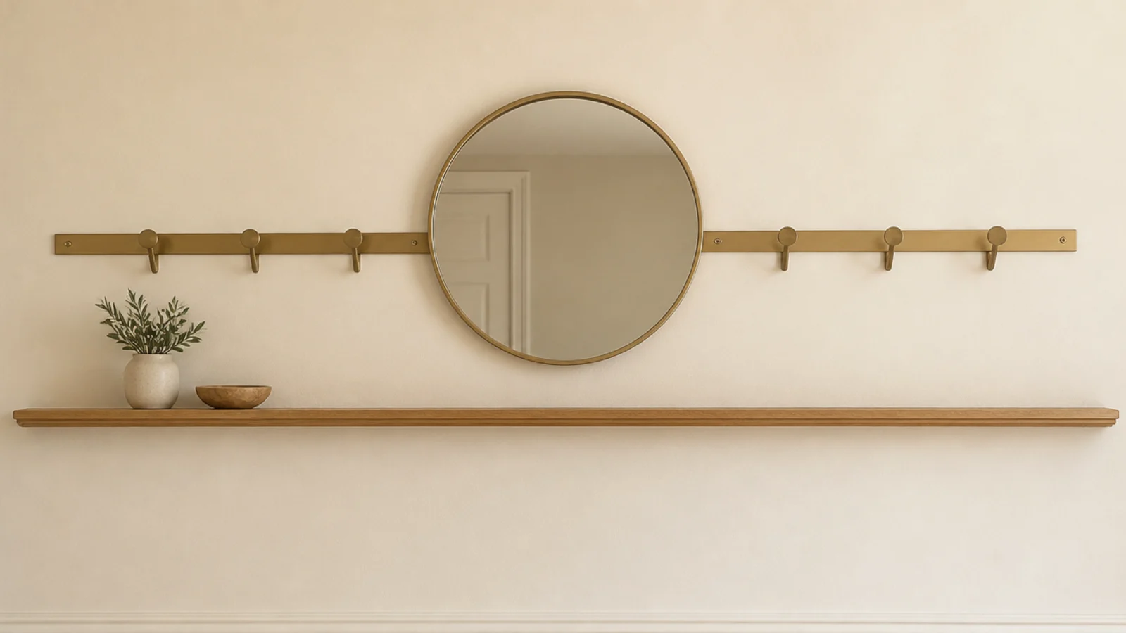 narrow entry wall with ledge hooks and mirror in one height band