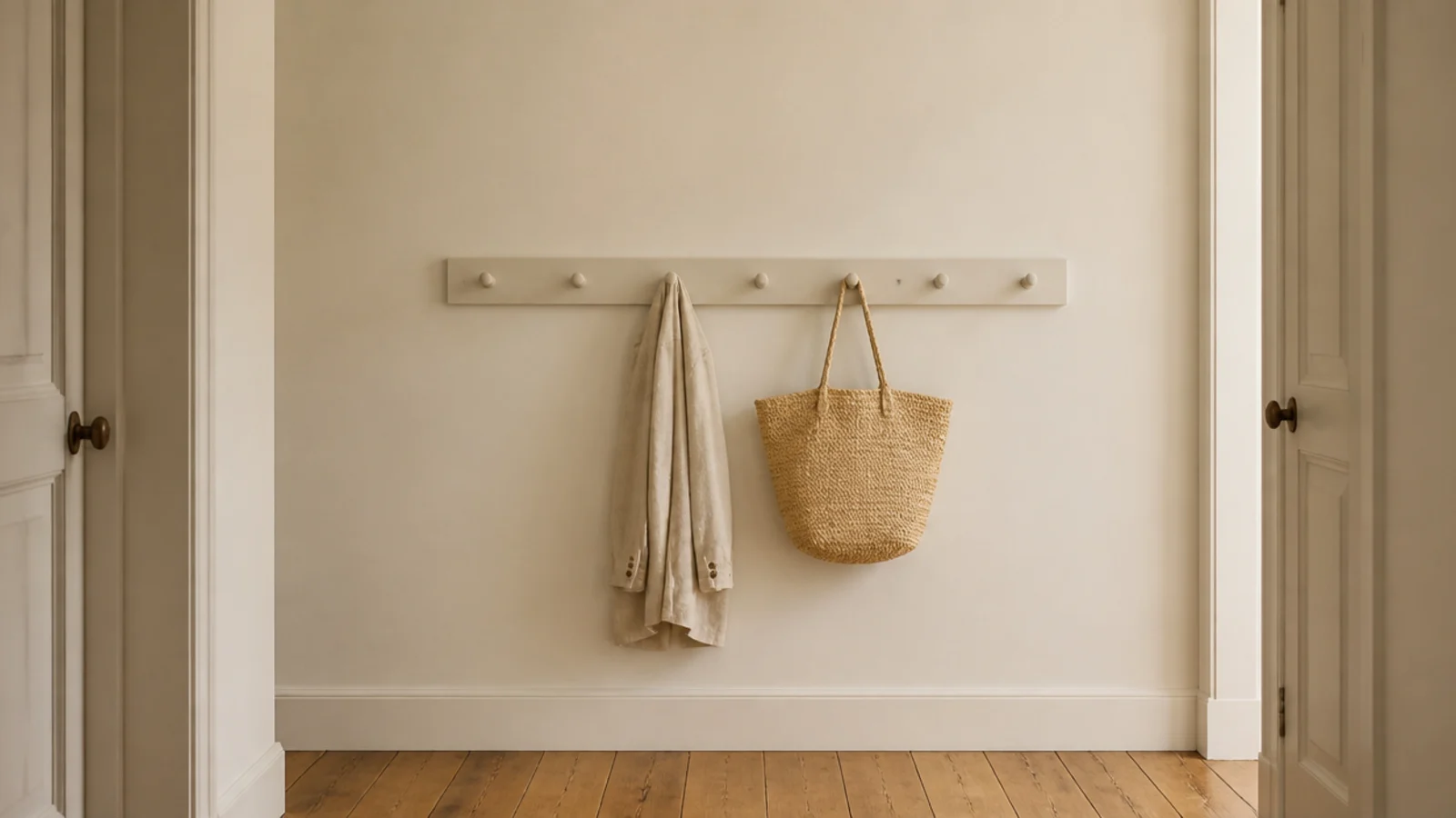 slim shaker peg rail on a narrow hallway wall holding a jacket