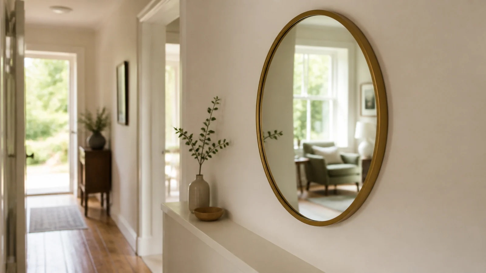 mirror on the long wall of a narrow hall reflecting the room beyond