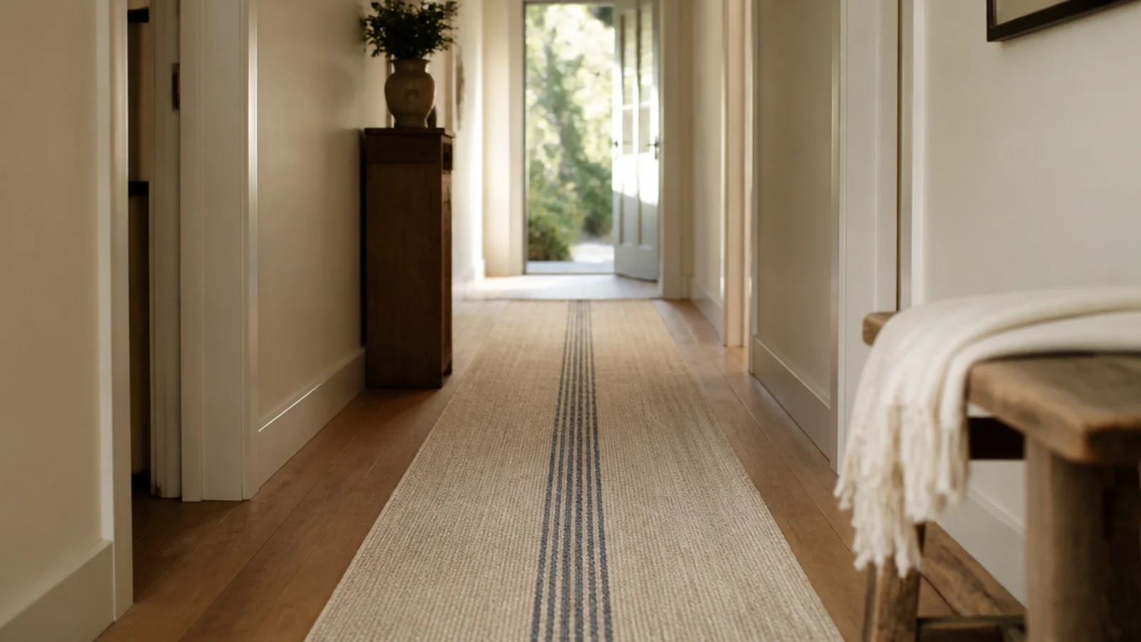 long runner laid lengthwise along a narrow hallway toward a door