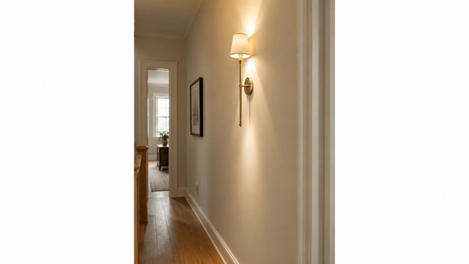 slim wall sconce mounted high on a narrow hallway wall