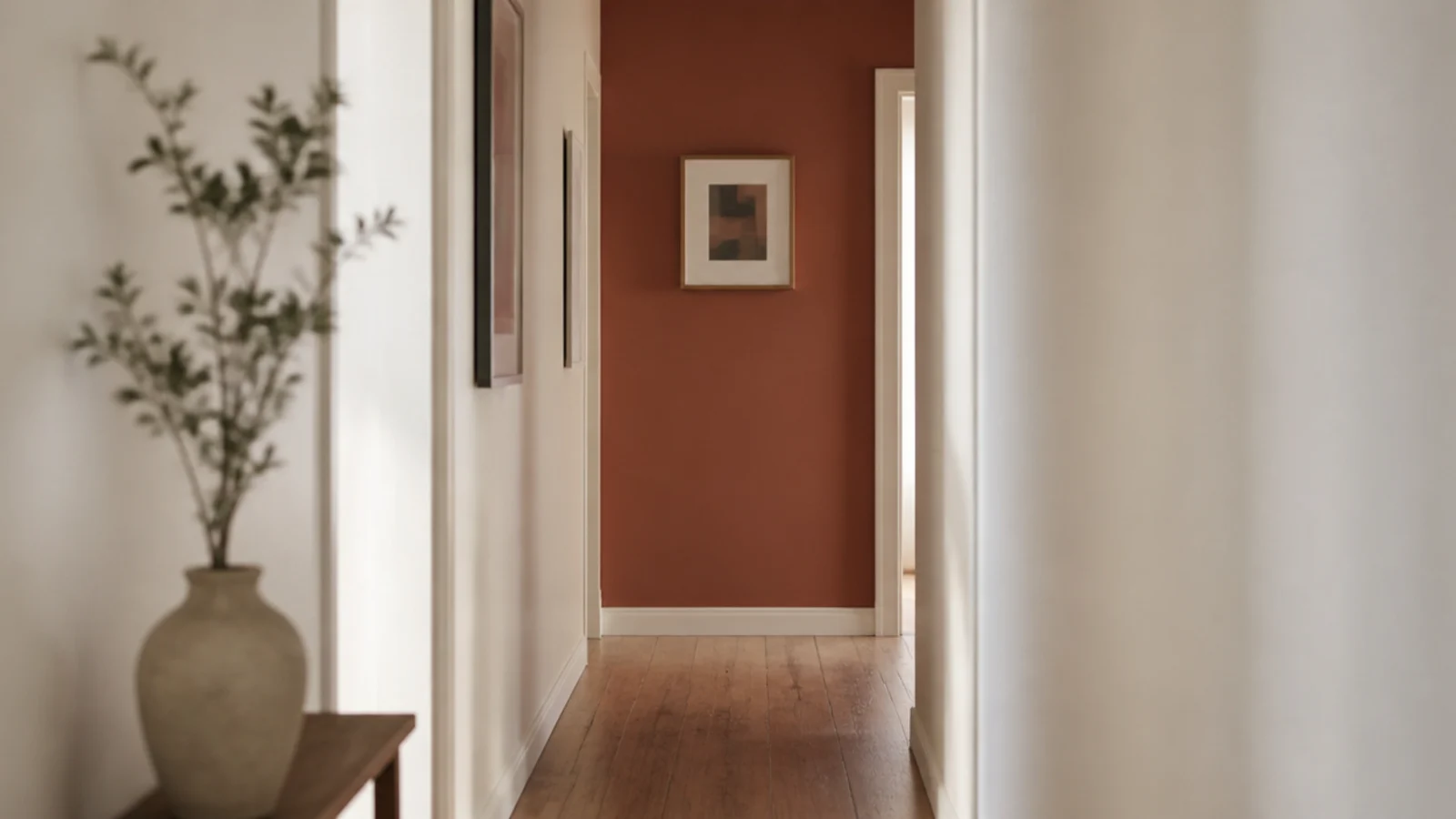 far end wall of a narrow hall painted deeper than the side walls
