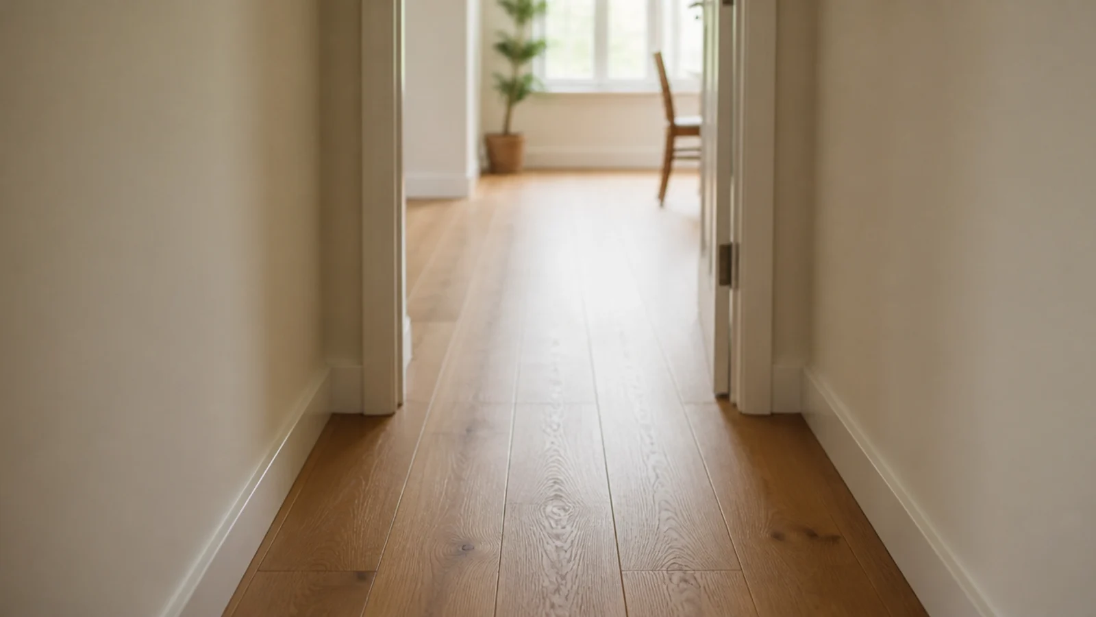 continuous oak floorboards running through a narrow hall doorway