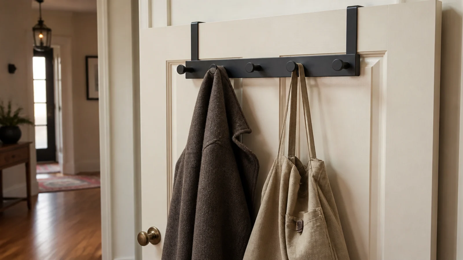 metal over the door hook bar holding coats in a rental entry