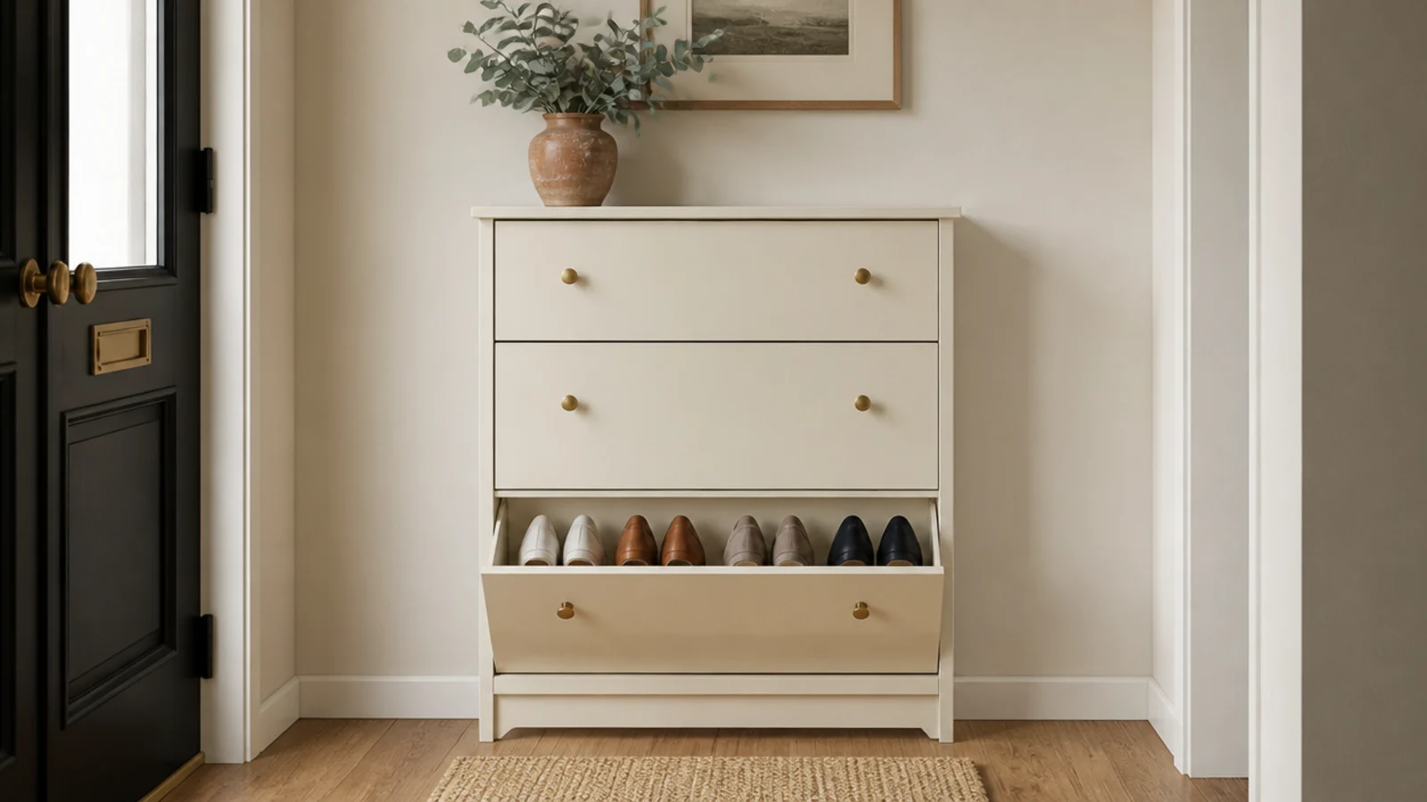slim tilt out shoe cabinet fitted into a small entryway wall