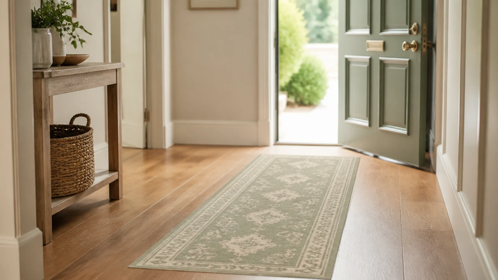 narrow flat weave runner stopping short of a swinging front door