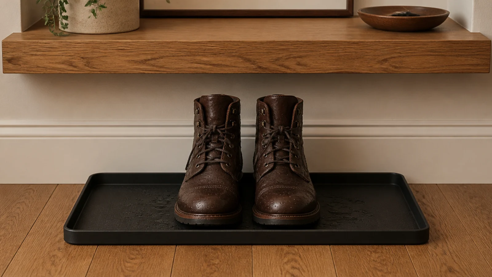 narrow raised lip boot tray tucked under a small entryway ledge