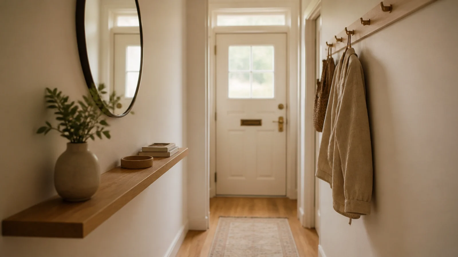 small entryway ideas with a slim wall ledge hooks and a narrow runner