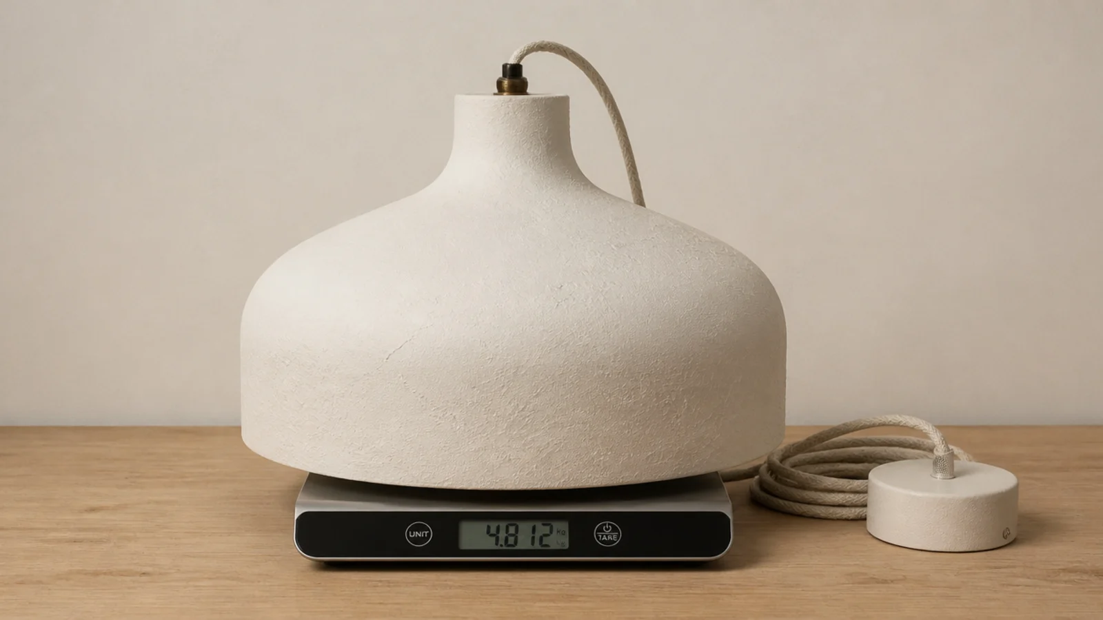 kitchen scale weighing a heavy pendant shade before installation