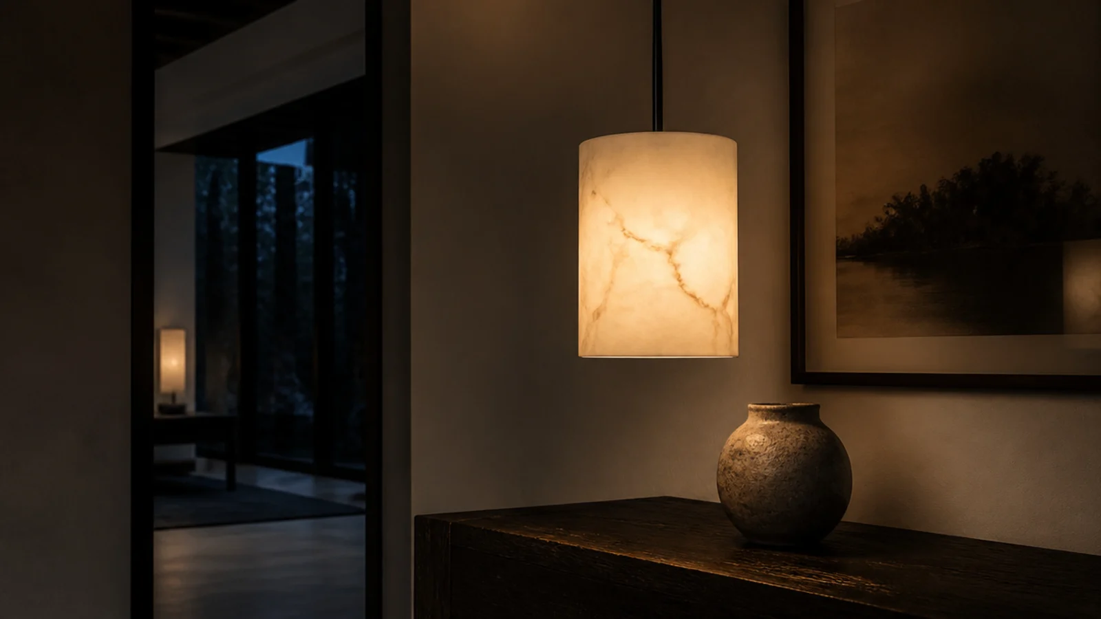 alabaster pendant glowing softly with visible veining in the stone