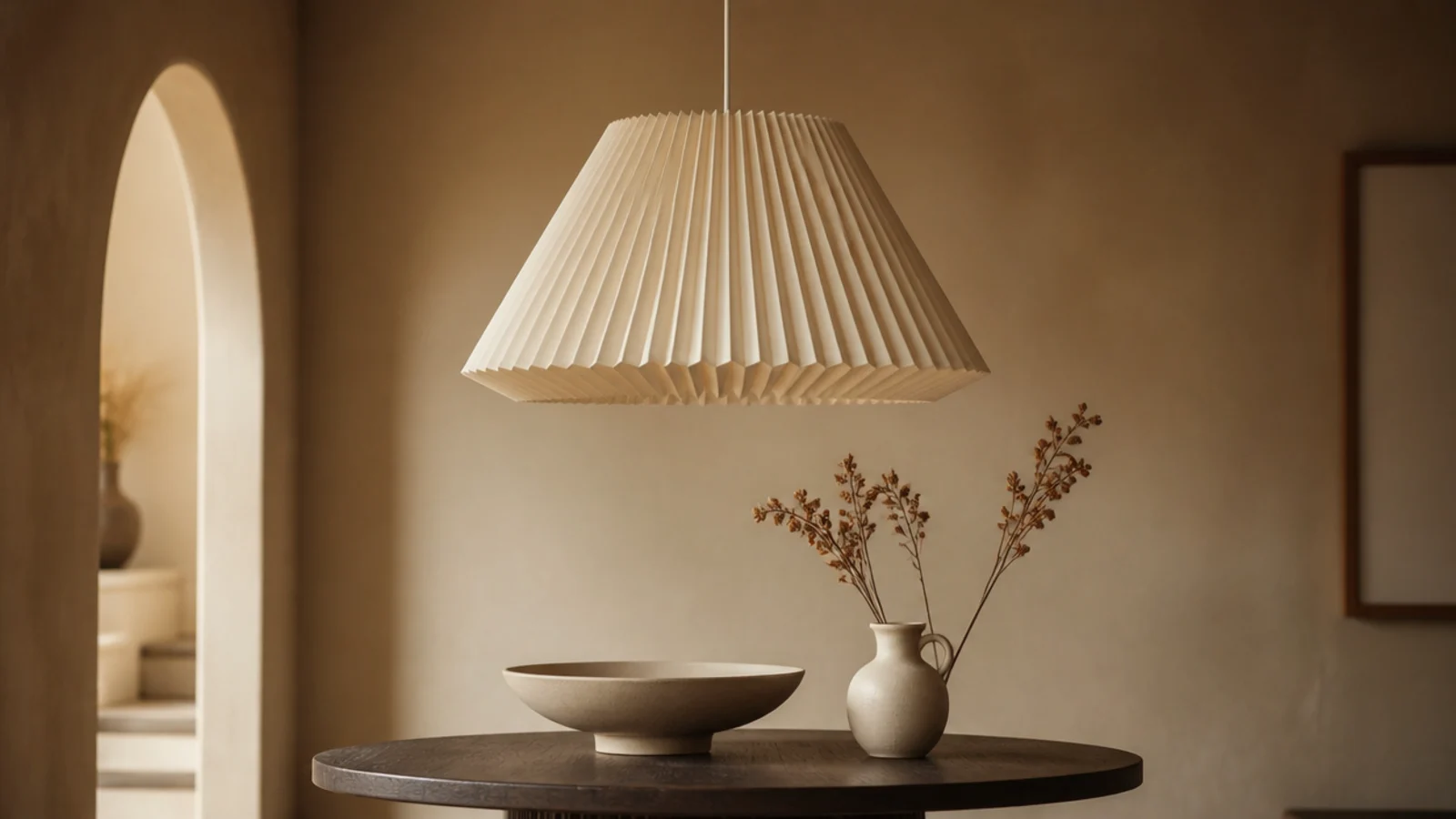 hand pleated fabric pendant with a rigid frame and even folds