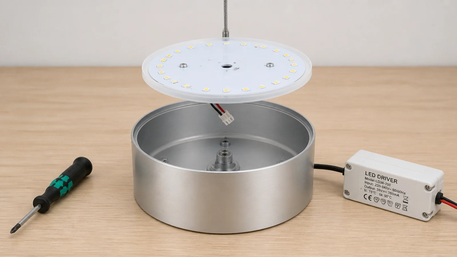 replaceable LED module lifted out of a modern pendant housing