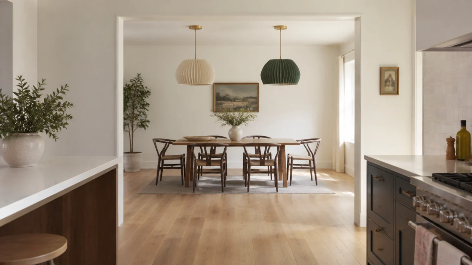 matching brass ceiling canopies seen across two connected rooms