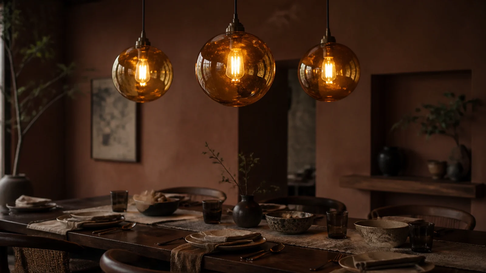 hand blown glass ceiling hanging lights glowing above a dark dining table