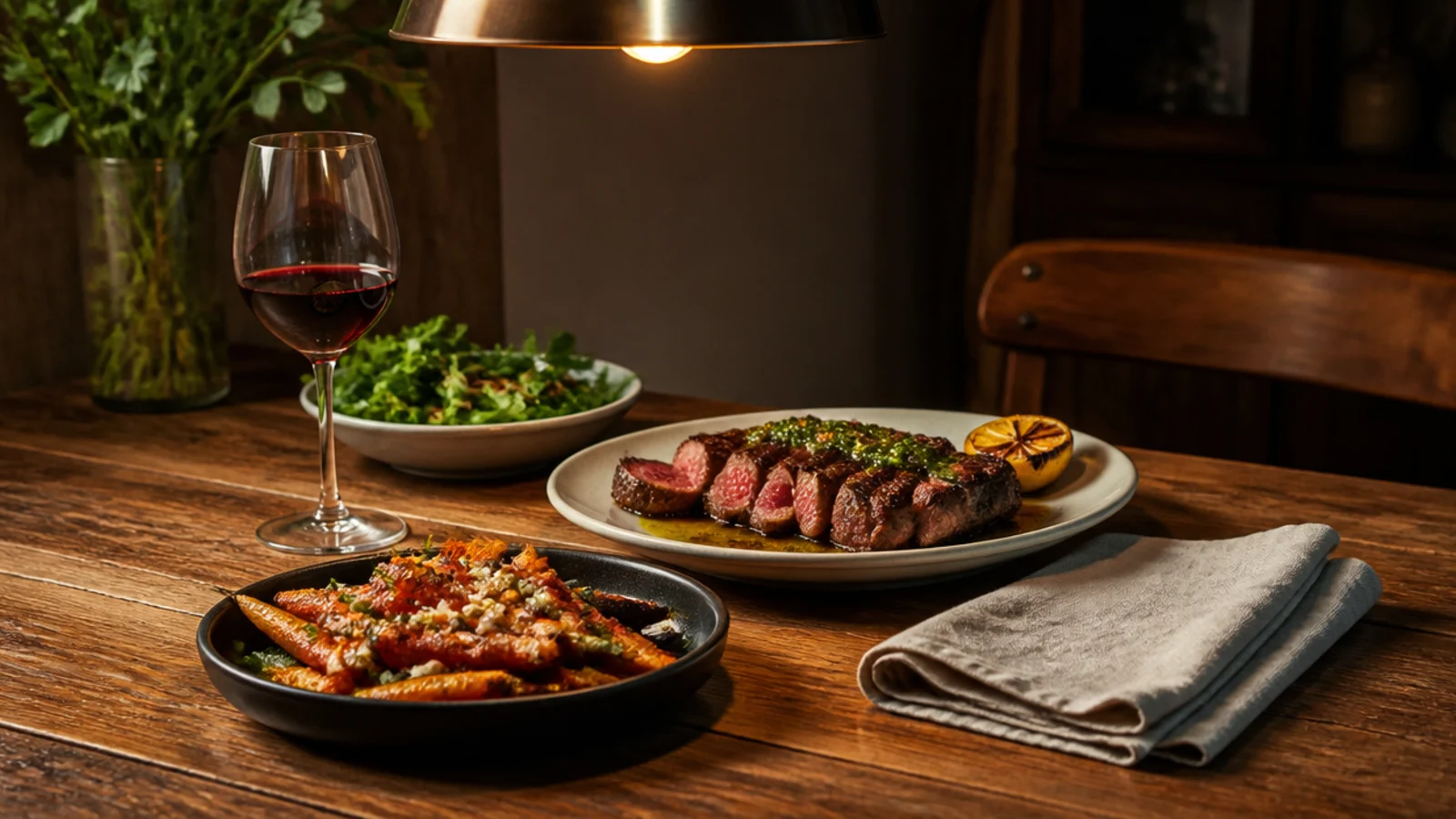 food and wine on a table lit with accurate warm light