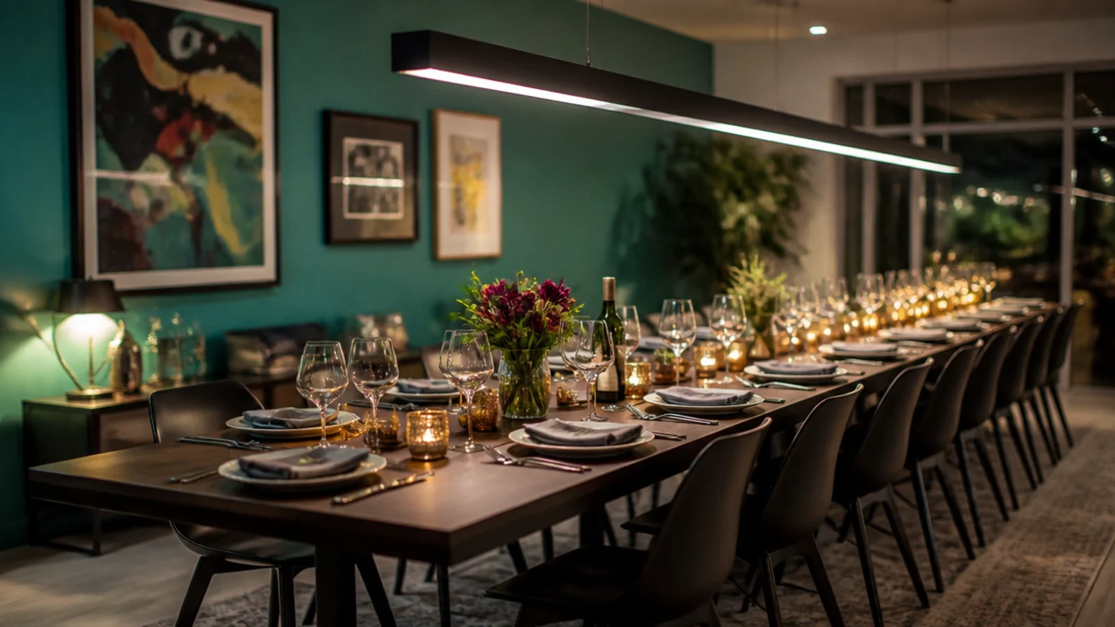 extending dining table opened out beneath a long fixture