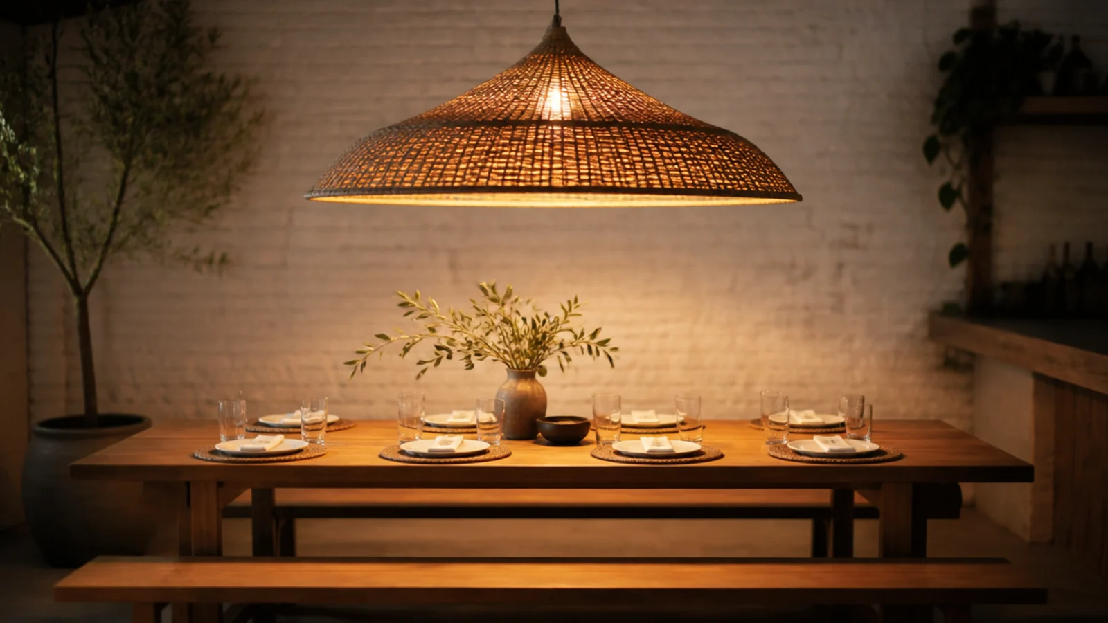 wide shade lighting a table with benches on both sides