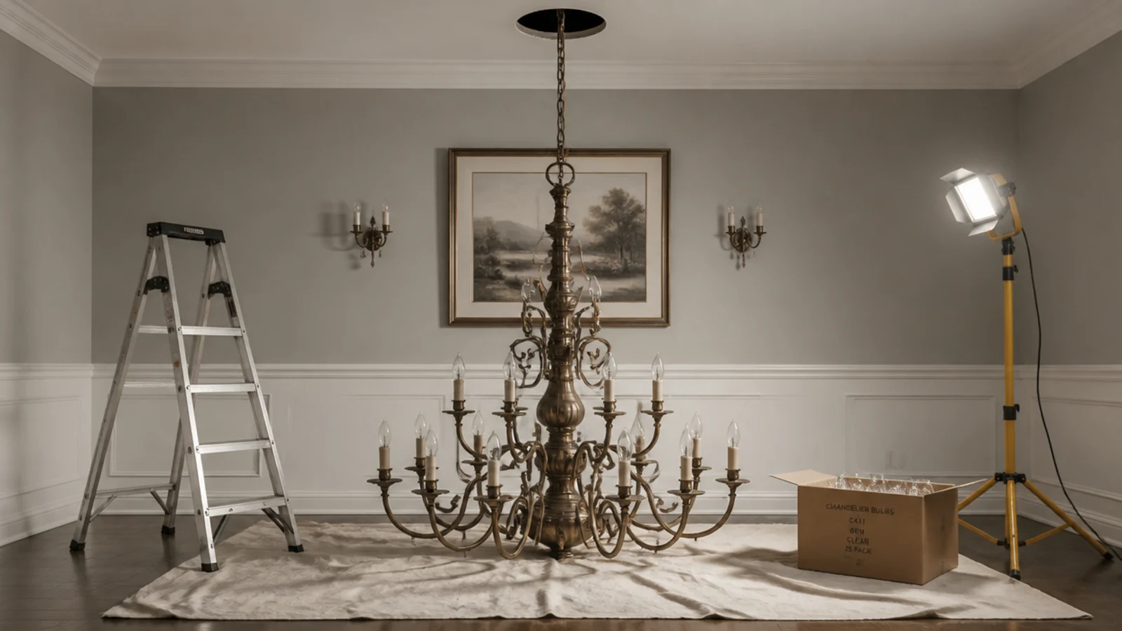 heavy chandelier arm resting on a dust sheet before hanging
