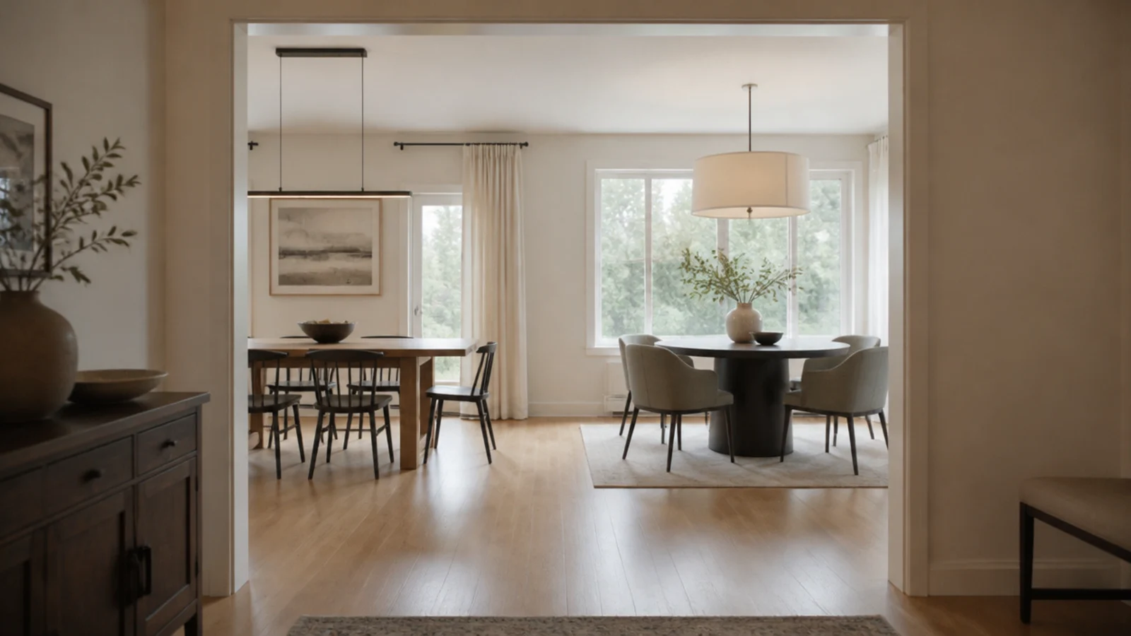 long fixture above a long table and round shade above round