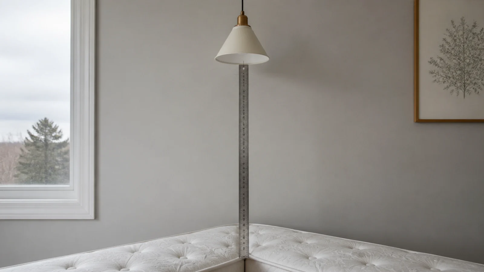 ruler marking the drop from a mattress edge to a shade