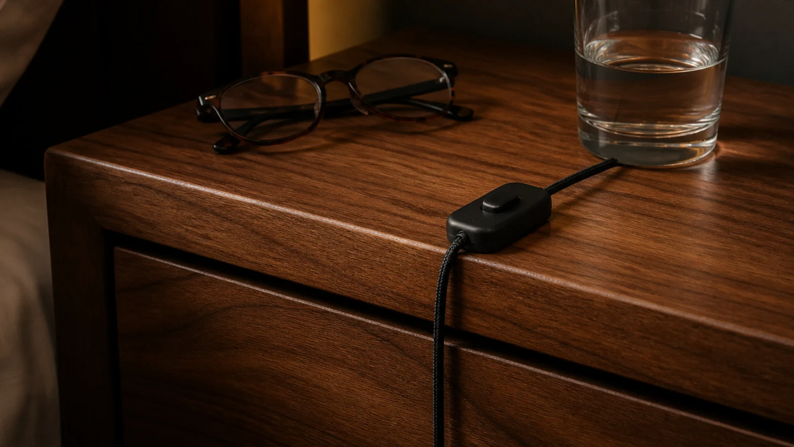 small inline switch resting on a nightstand within easy reach