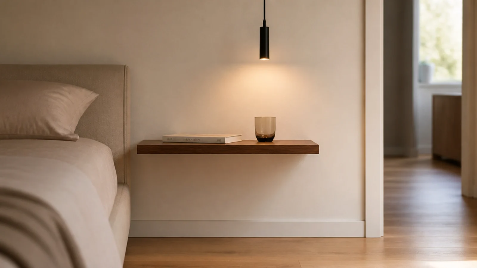 slim floating shelf lit by a pendant where a table once stood