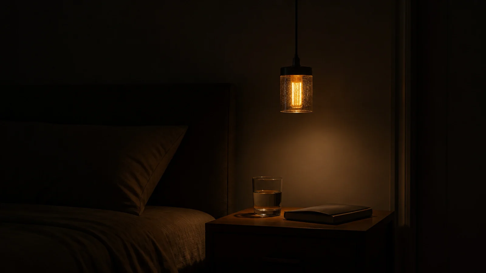 bedside pendant dimmed to a very low amber level at night