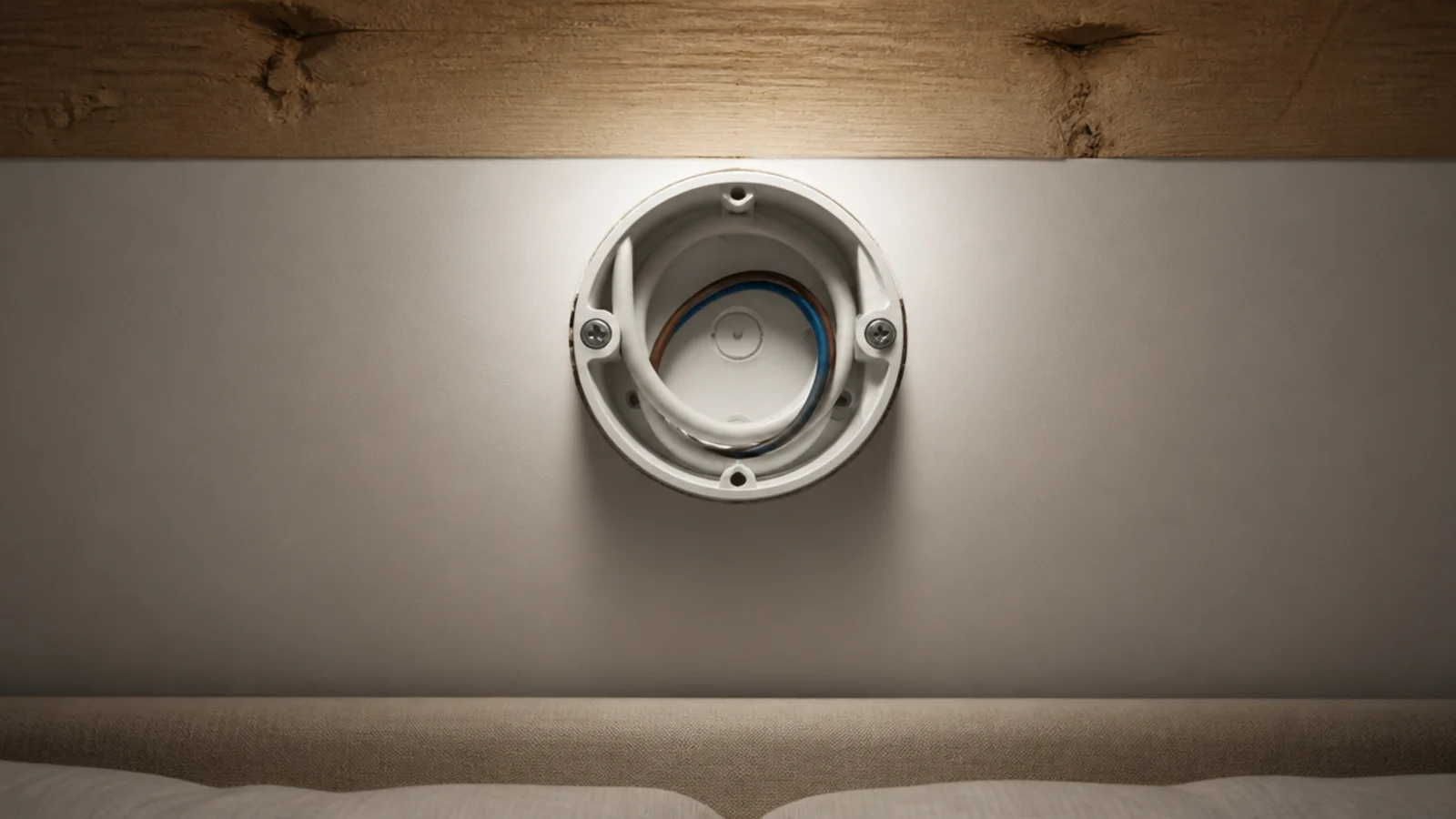 ceiling box exposed above a bed showing its fixing to timber