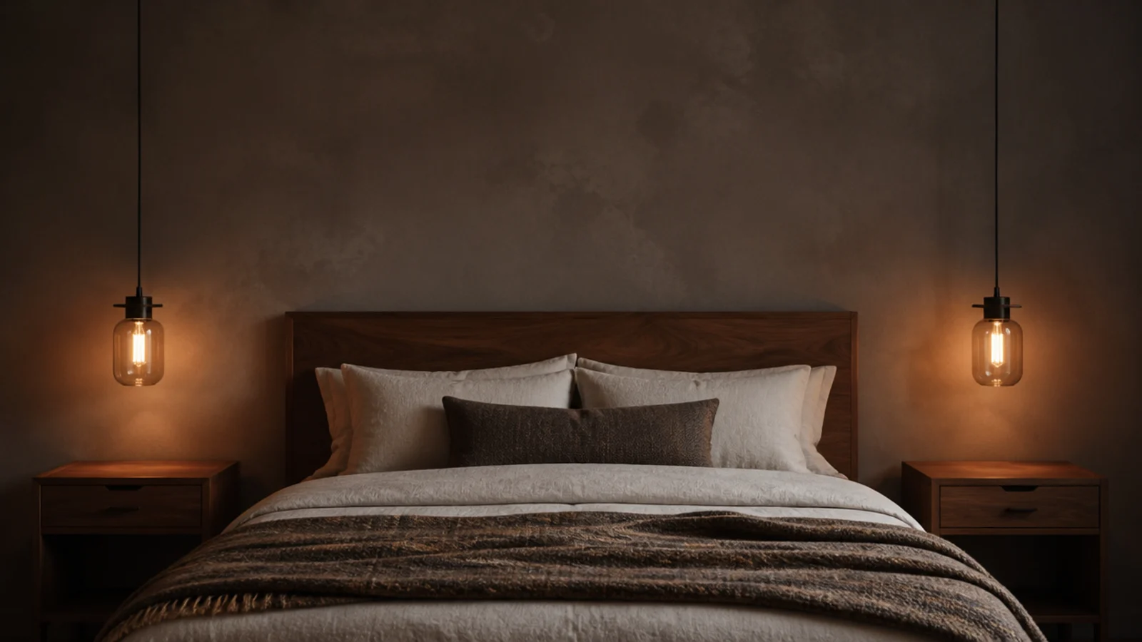tall bedroom view of hanging bedside lights over clear nightstands