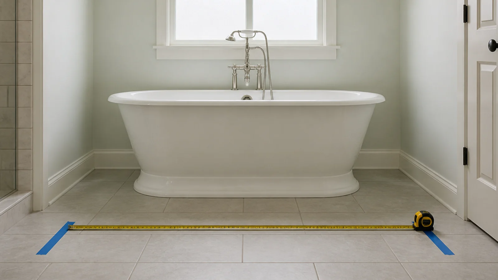 tape measure running horizontally from a bath rim across tiles
