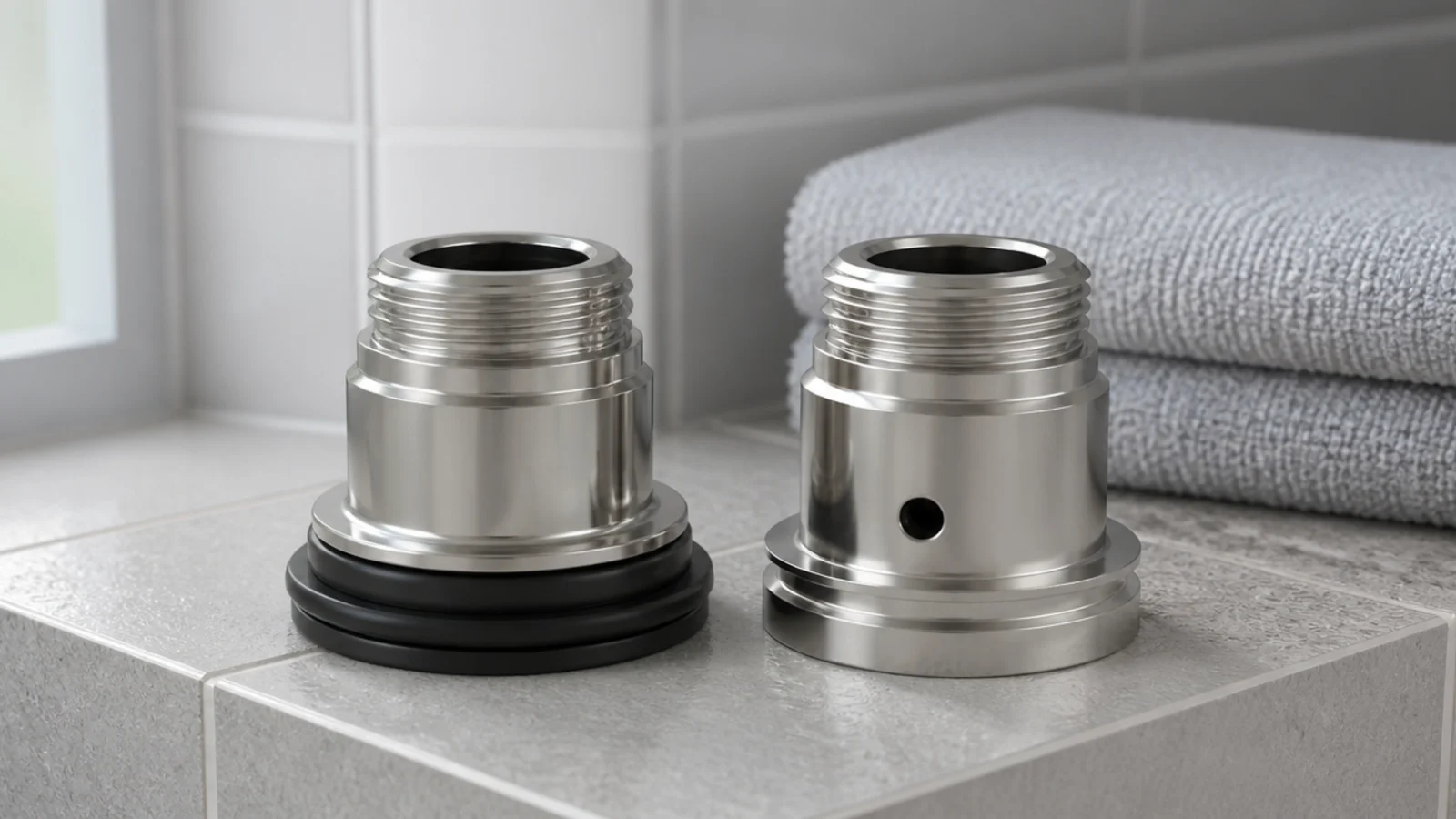 two bathroom fittings compared side by side on a tiled shelf