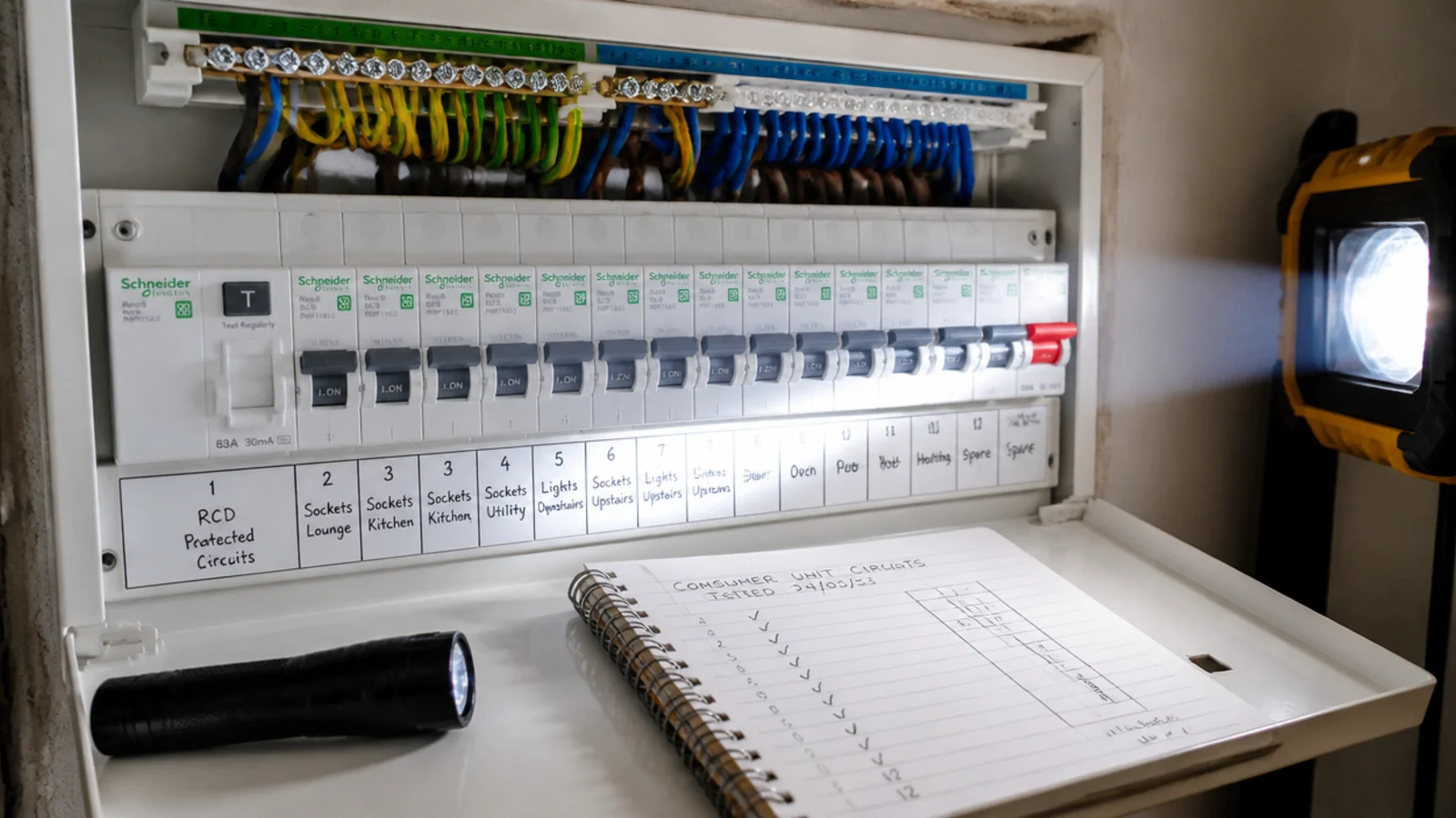 consumer unit inspected with a bathroom circuit clearly labelled