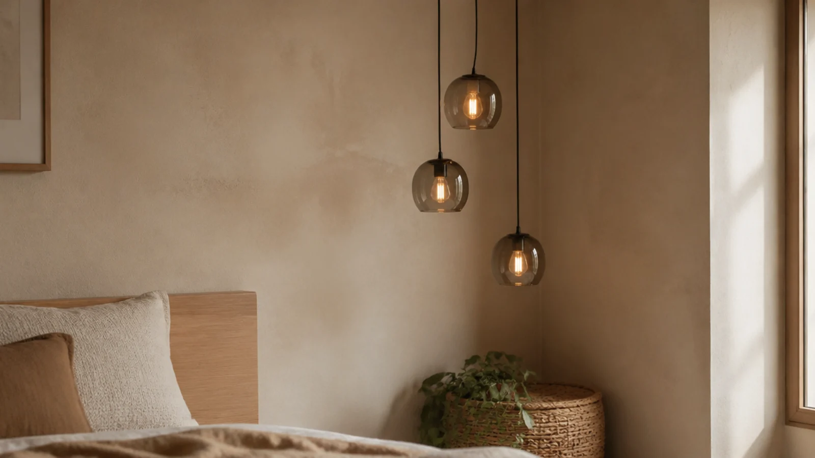 three staggered pendants filling a bare corner of a bedroom