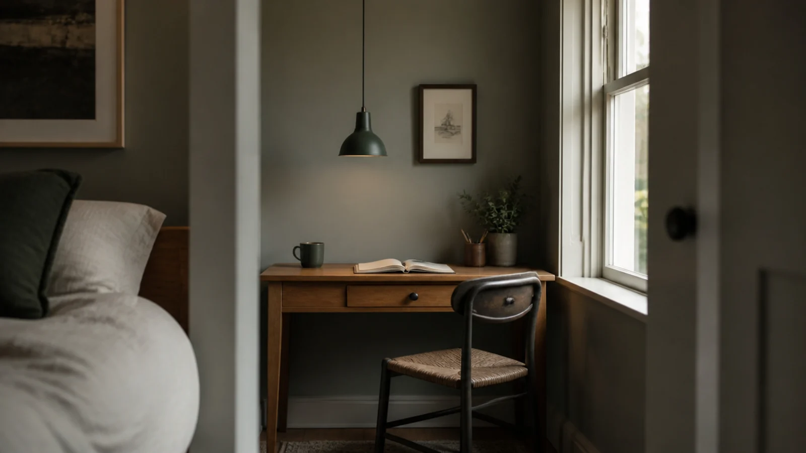 small pendant dropped low over a compact bedroom writing desk