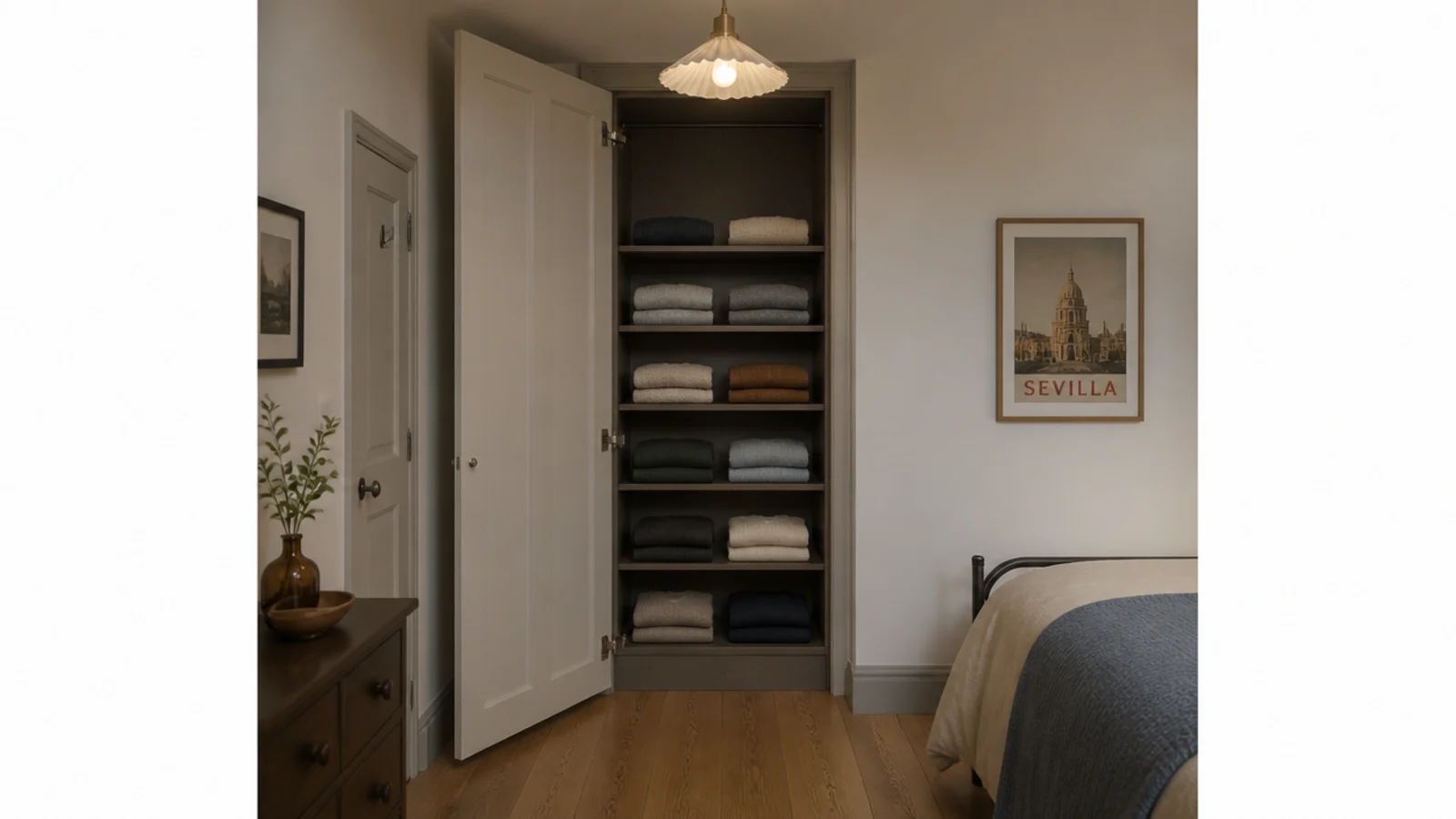 wardrobe door swinging clear beneath a carefully placed pendant