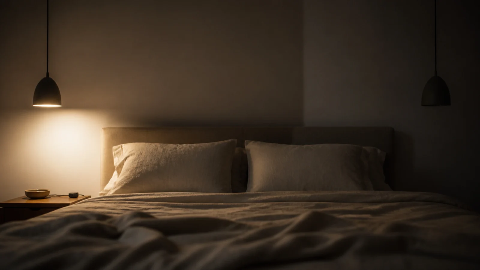 one bedside pendant lit while the matching one stays dark
