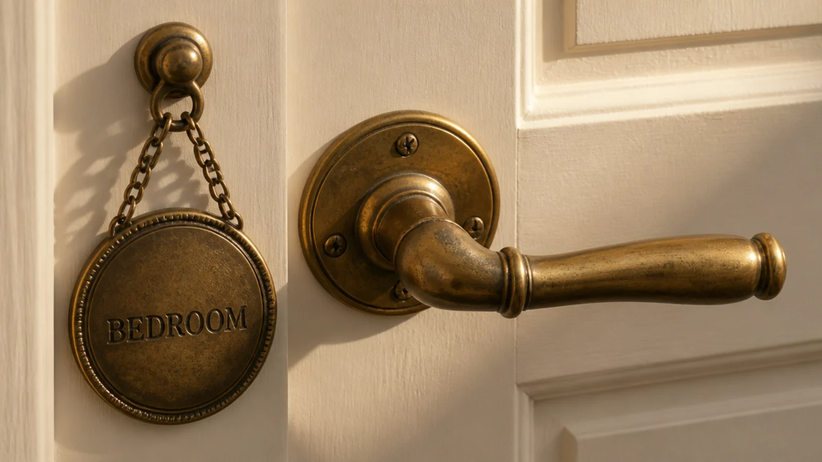 pendant fitting and bedroom door handle sharing one brass finish