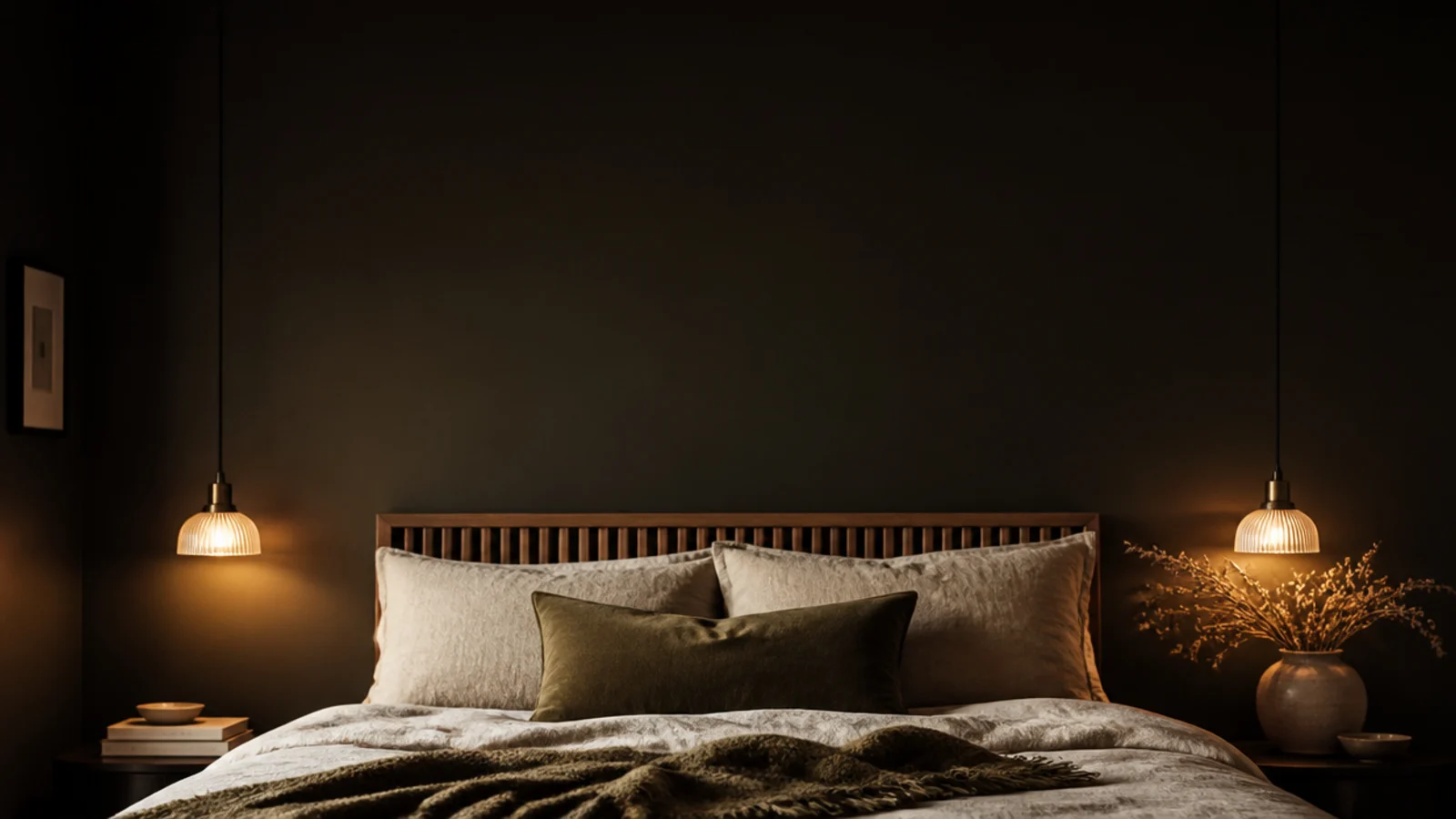 tall bedroom view with warm hanging lights above a linen dressed bed