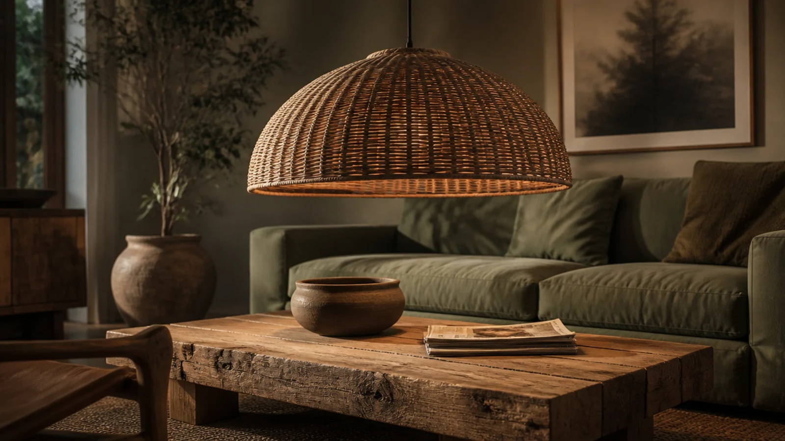 rattan dome pendant hung low over a rustic timber coffee table
