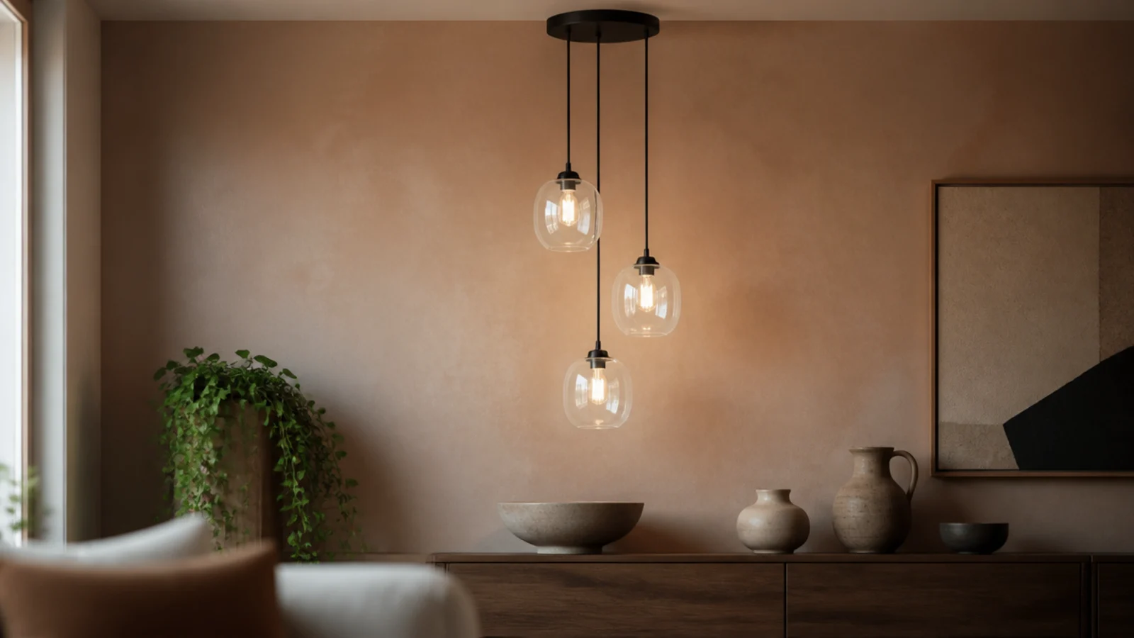 three plain glass shades clustered from a single ceiling canopy