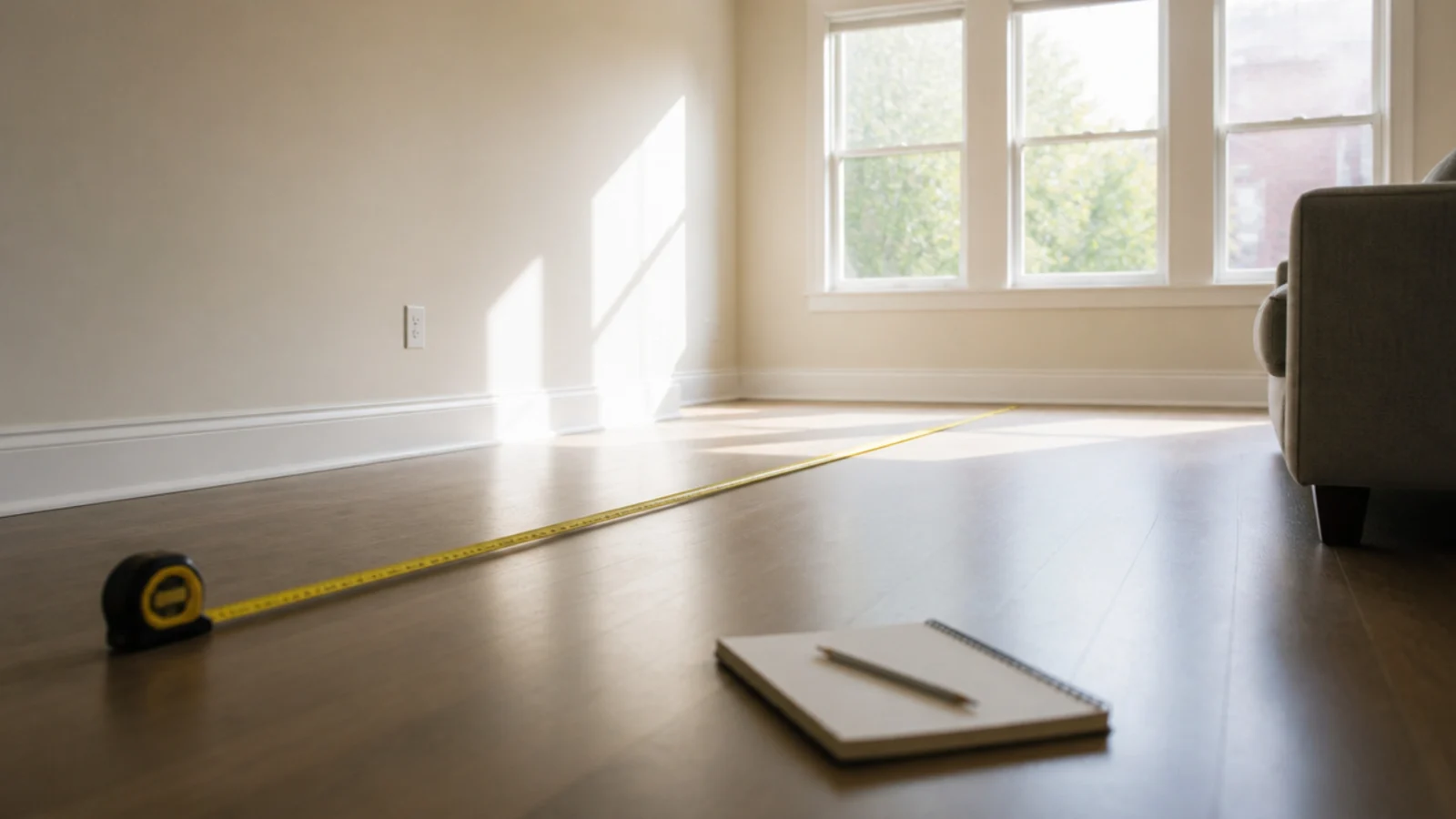 tape measure stretched across a living room floor before buying