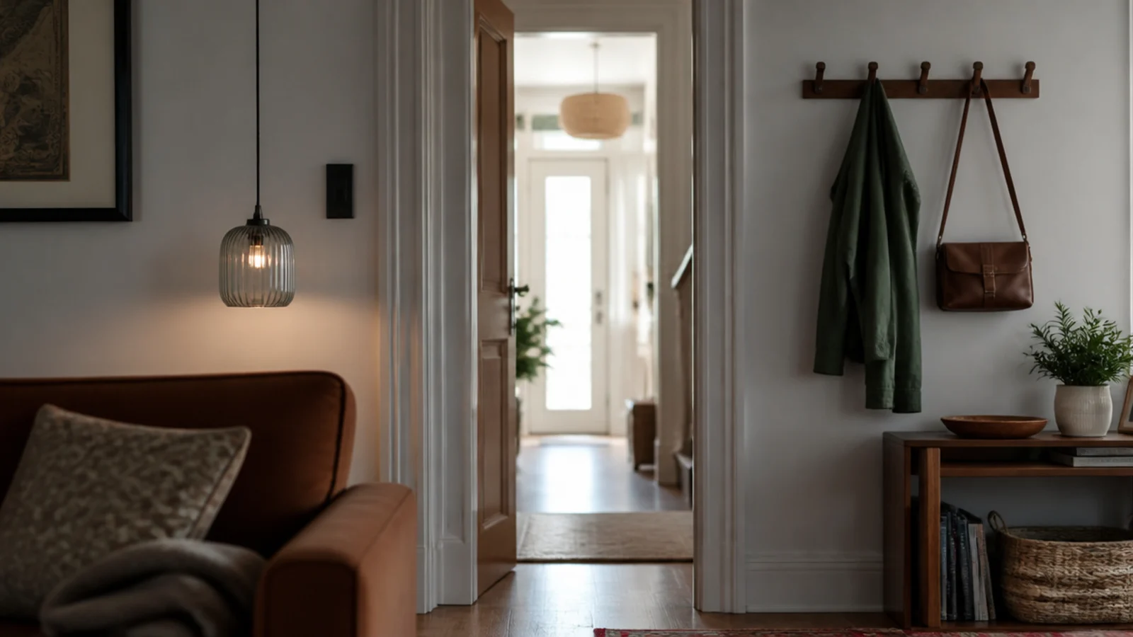 person height gap under a pendant beside a living room doorway