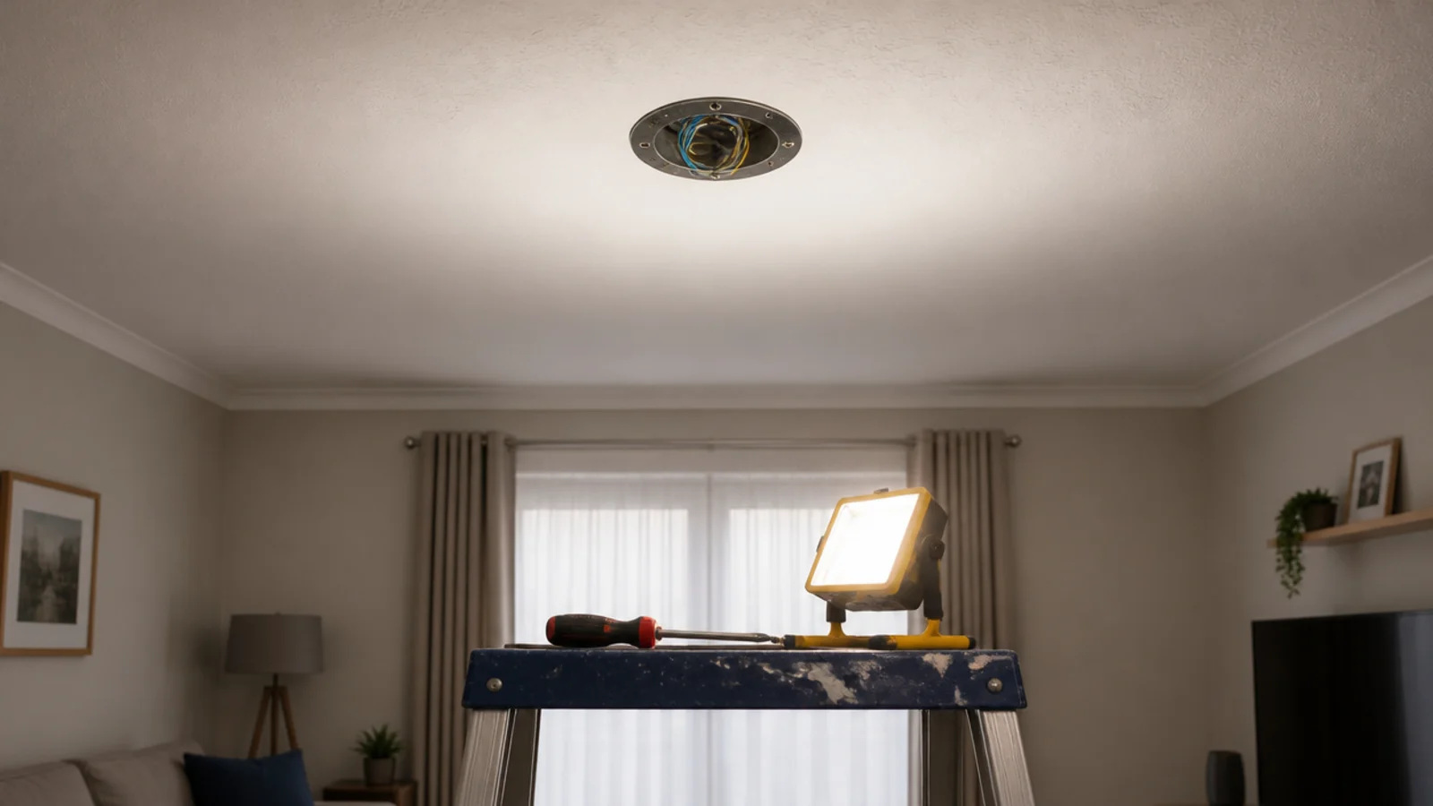 rented living room ceiling fitting removed to show the box