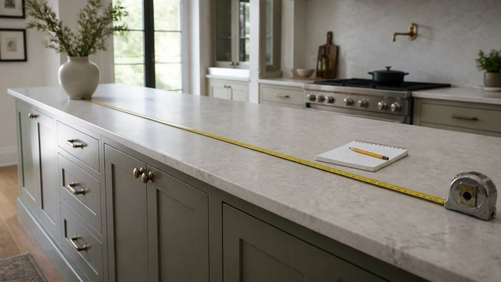 tape measure stretched along the full length of a kitchen island