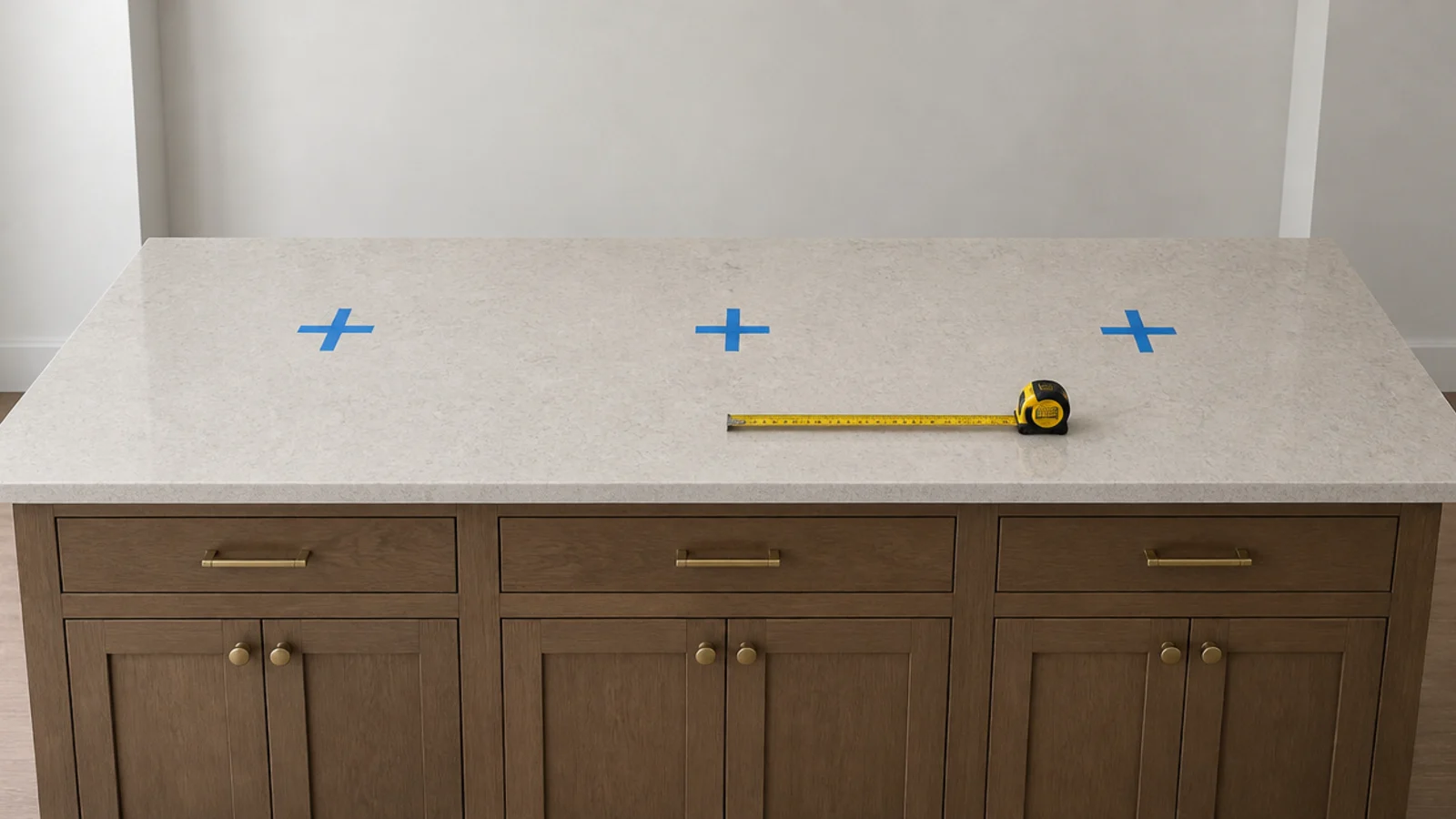 painters tape crosses marking pendant positions on a counter top