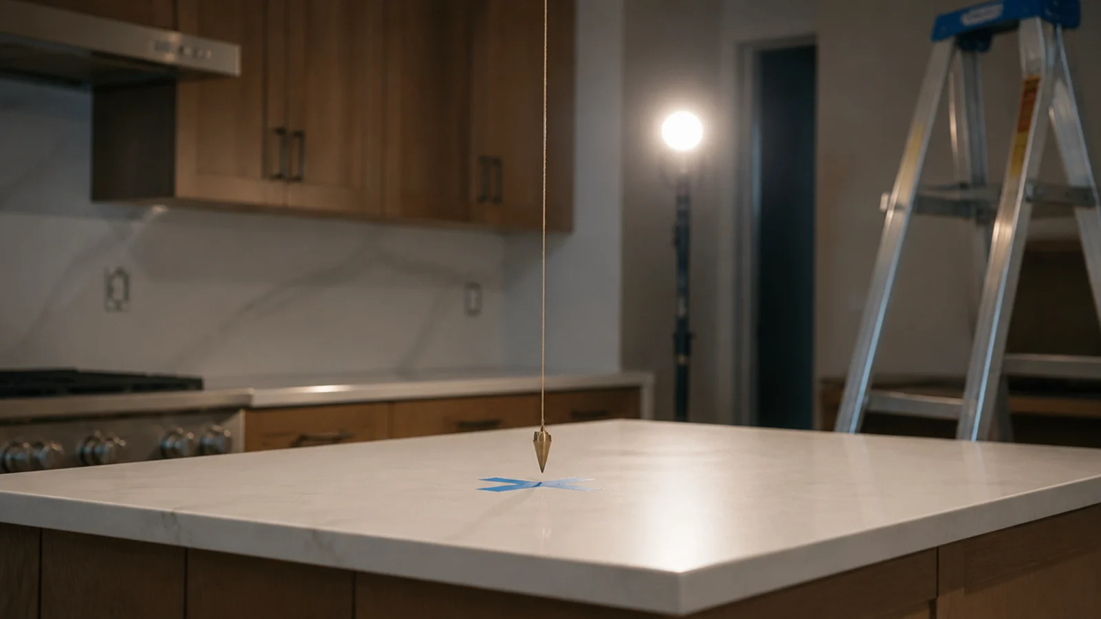 plumb bob hanging from a kitchen ceiling to a taped counter mark