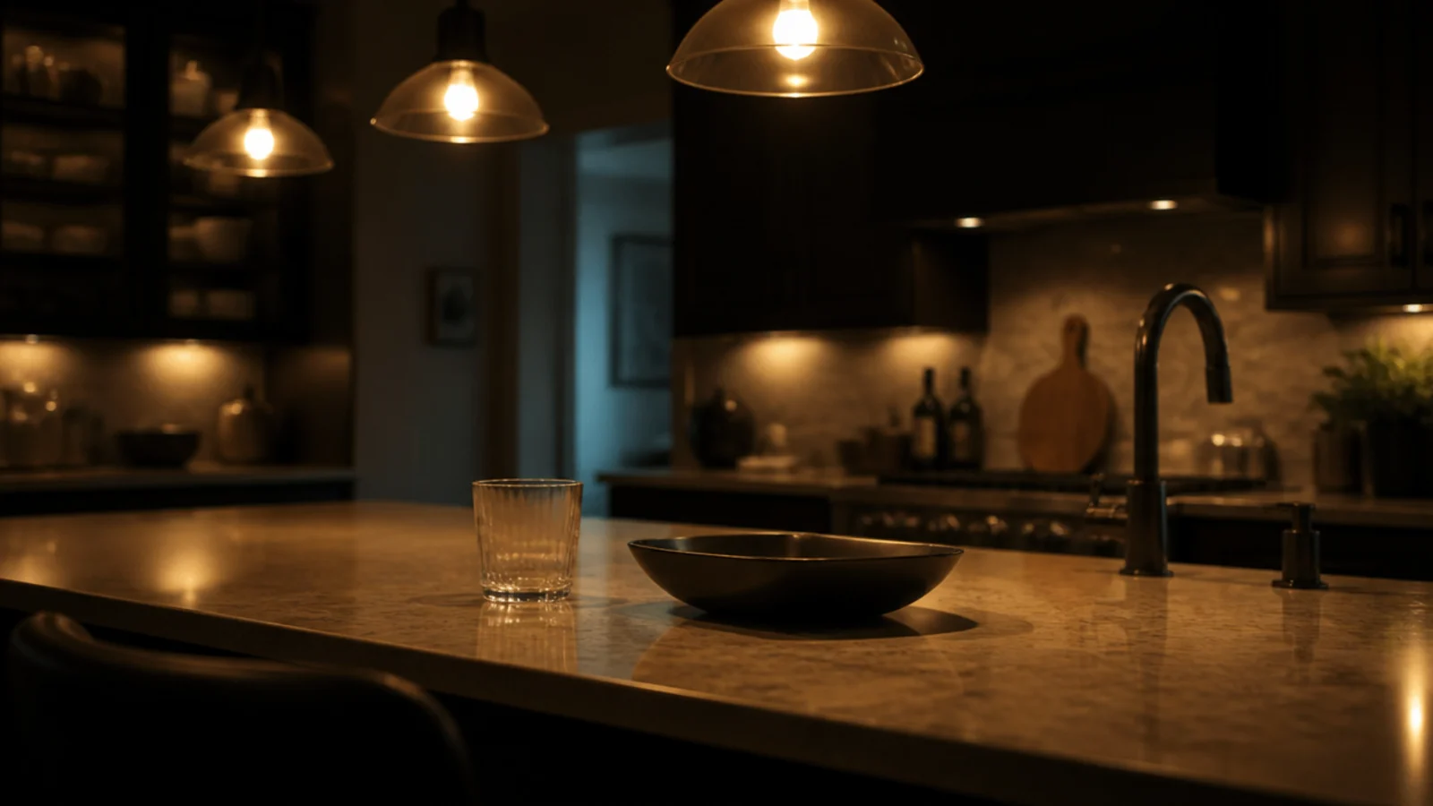 evening view from a stool under finished island pendants