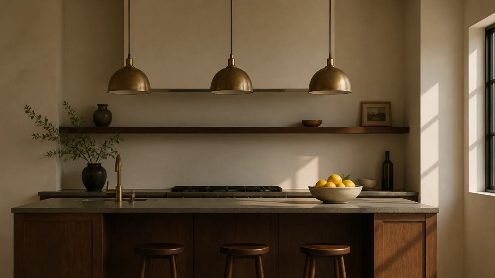 three brass hanging lights in a row above a walnut kitchen island